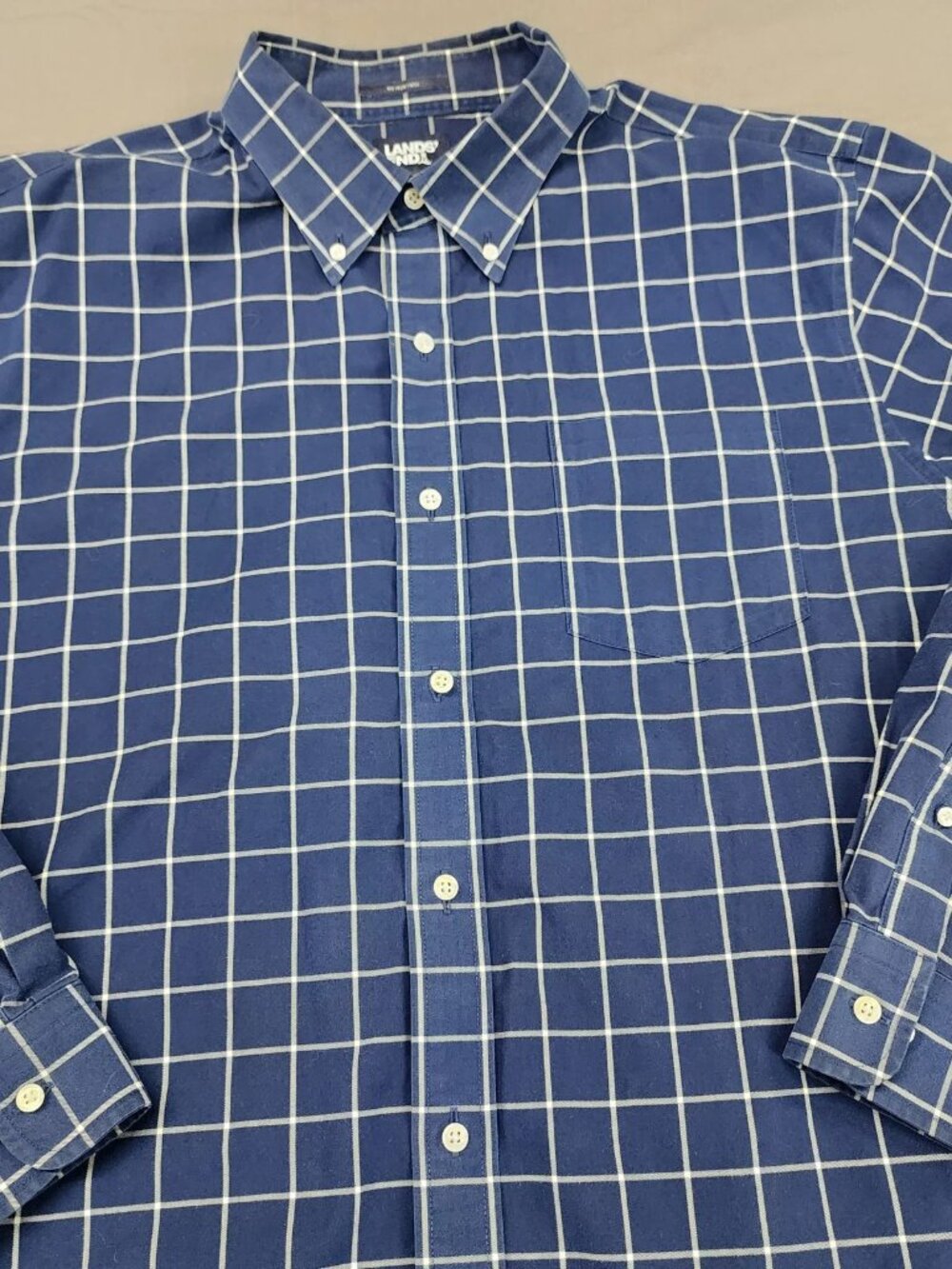 Lands' End Men's XL Traditional Fit No Iron Twill Shirt Blue Grid Long Sleeve